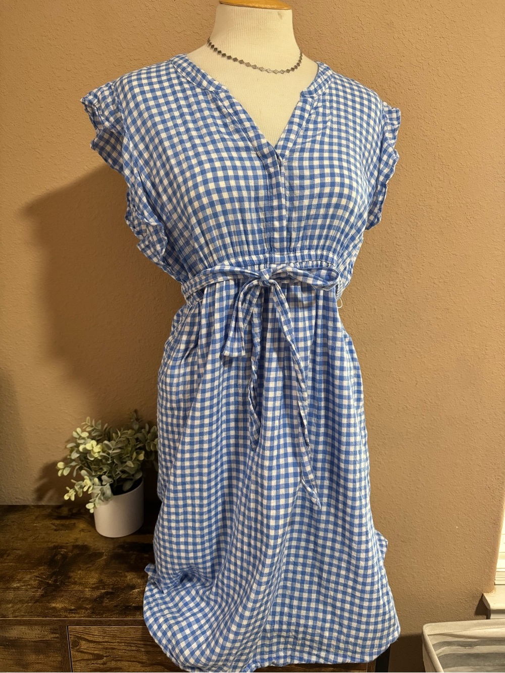 Old Navy Blue and White Gingham Tie-Waist Midi Dress